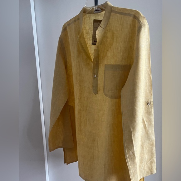 NWT FABINDIA Men 100% Linen Woven Nehru Kurta Mustard Yellow Festive Large Sz 40 - Picture 9 of 16